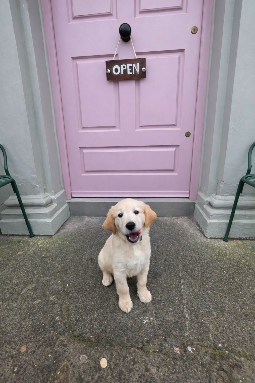 A golden retriever puppy waiting at the pink front door