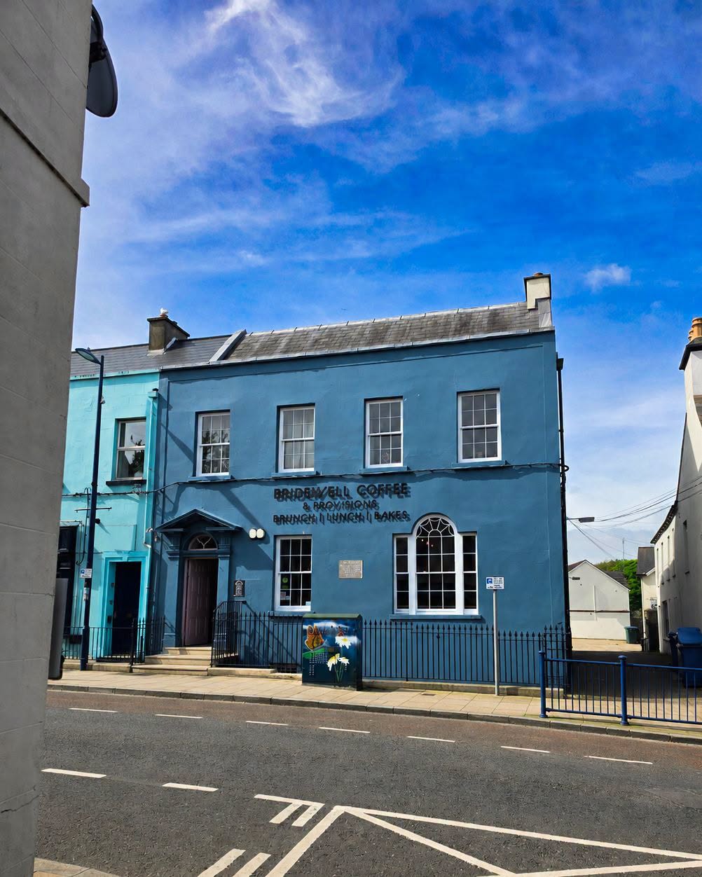 The blue Bridewell Coffee building on High Street, Donaghadee
